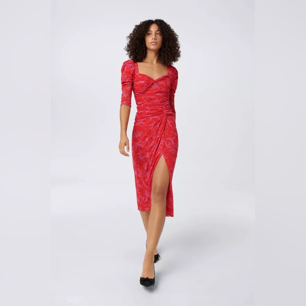 Bettina Sweetheart Collar Midi Mesh Dress, Cupids Elegant Red Ruched Dress